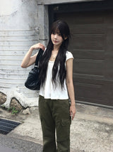 コル シャーリング ストラップ ショート スリーブ Tシャツ