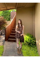 brown ethnic sleeveless skirt two-piece
