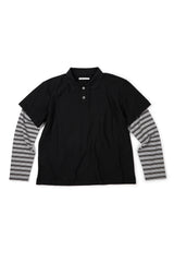 (BASE) レイヤードストライプポロ長袖Tシャツ (ブラック)