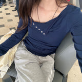 ドド スナップボタン オフショルダー ボートネック パネルド ロングスリーブ Tシャツ (5 Colors)