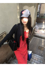 レッドハートドットロングスリーブレスドレス