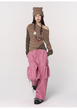CONFUN Asymmetrical off-the-shoulder, laid-back and slimming base layer, striped knitted patchwork top