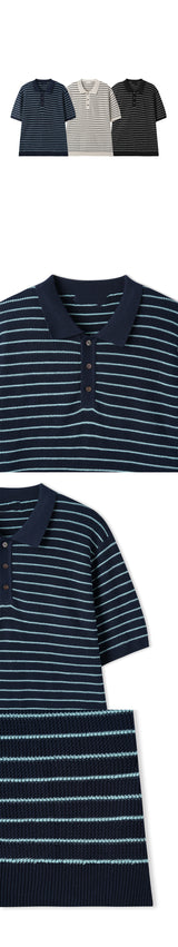Loose-fitting striped collar short sleeve 3COLOR