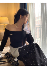 シューズレイヤードシャツオフショルダーロングスリーブTシャツ