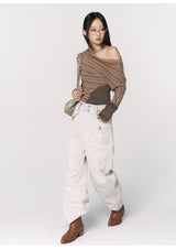 CONFUN Asymmetrical off-the-shoulder, laid-back and slimming base layer, striped knitted patchwork top