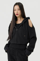 Shoulder Cutout Crop Hooded Zip-Up, Black