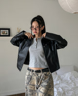 Dutch rivet semi-crop leather jacket