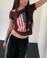 リチンアメリカンフラグスタッドリベットオフショルダー半袖Tシャツ