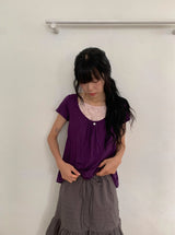 Hiwaku Flower Sleeveless Layered Shirring Short Sleeve Tee