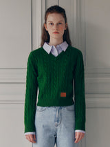 V NECK CABLE LABEL KNIT GREEN