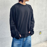 アンバランスネックラインスラッシュカットレイヤードTシャツ(ブラック)