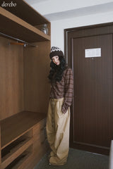 wool cotton shirring checkered long-sleeved shirt