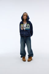 Sound wave artwork damage washing hoodie zip-up (Navy)