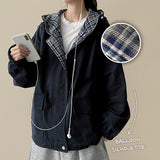 Cumin check color lining cotton boxy hoodie jumper