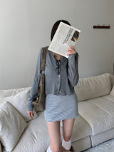 Light Hour Striped Sleeveless Dress & Silver Button Cardigan 2-piece Set (Gray)