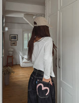 Heart pink stitch indigo denim pants