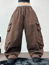 FLEECE/STRING TWO CARGO RIVET WIDE BALLOON LONG PANTS💚🤎🖤🩶4COLOR
