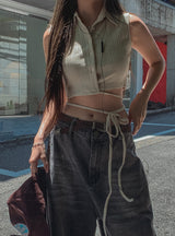 Lia strap ribbed sleeve shirt