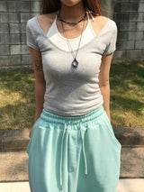 Deep Neck Halter Two Piece Layered Set (3c)