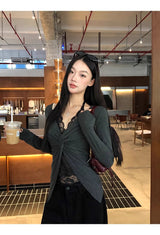 ブラックレースホルターインナーツイストロングスリーブTシャツ