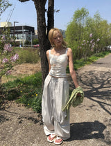 ライト ピンタック ナイロン ワイド バンディングパンツ