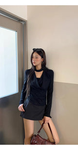 Black Chic Shimmering Halterneck Long-Sleeved T-Shirt