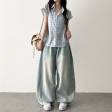 Retro Mood Sleeve Roll-Up Checkered Shirt Blouse