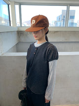 Bukanne Wool Button Check Short Sleeve Blouse - Wool 50%