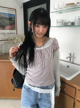 デトシャーリングハートネックレースリボン半袖Tシャツ