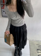 Raymi Heart Neck Shirring Slim Rib T-Shirt (4color)