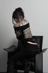 [label] back damage off-shoulder top (black)