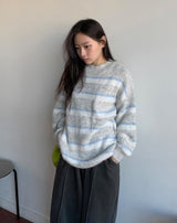 ラベッツ ヘアリーストライプ ウール ラウンドニット