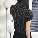 Giol Geek chic Stripe Shirring Puff Short-Sleeved Shirt