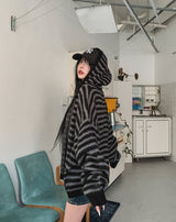 Onz Striped Mohair Knit Hood Zip-Up