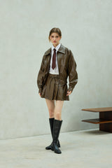MOLLY LEATHER PLEATS SKIRT PANTS / BROWN