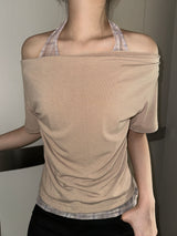Check Halter Off-Shoulder Semi-Cropped T-Shirt 3color
