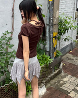 Code Beads Ribbon Shirring Puffed Short-Sleeved T-Shirt