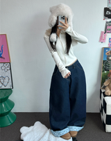 RIBBON🎀WIDE RIBBON ROLL-UP DENIM PANTS 🩵🎀