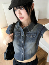 Markle Pocket Slim Washed Crop Denim Short Sleeve Shirt
