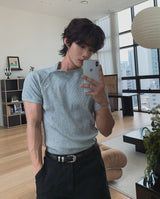 スロウリーボタンマッスルフィットリブドショートスリーブTシャツ
