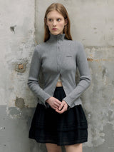 HIGH NECK FRILL KNIT CARDIGAN GRAY