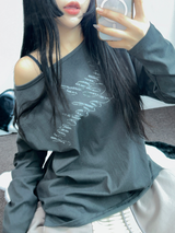 LETTERING OFF-SHOULDER U NECK LONG SLEEVE T SHIRT 🩶🤍🖤3COLOR