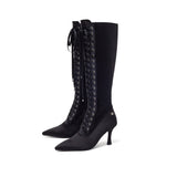 Satin Lace-Up Under The Knee Boots Heel(Black)