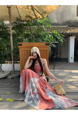 Red cherry checkered lace sleeveless long dress