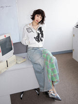Denim patchwork checked fishtail skirt