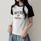 Raffin embroidered 2本ラインカラーラグラン半袖Tシャツ