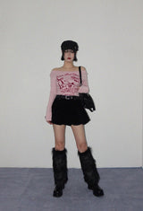 VELOUR BALLOON MINI SKIRT WITH STITCH BELT SET (BLACK)