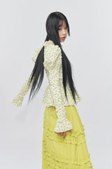 Flower Pattern Crease Ruffle Blouse Yellow