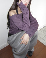 Qhin Sleeve Button One-Shoulder Sweatshirt
