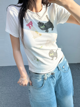 ベイビーキャットバニーリボンTシャツ💞🖤🤍🩷